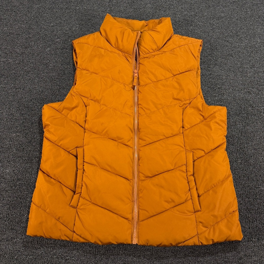 Cole Haan Vest Womens Medium Puffer Orange Chevron Quilted Full Zip EUC